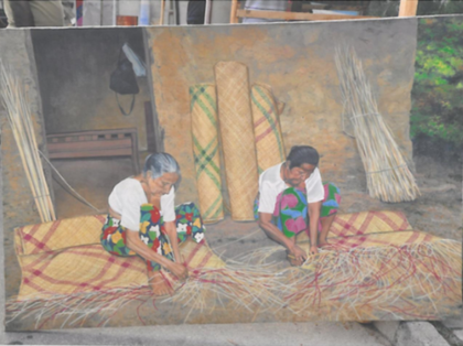 A painting depicting two women skillfully crafting mat, showcasing their artistry and dedication to traditional craftsmanship