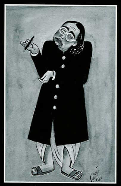 A drawing of a man wearing a black coat and glasses.